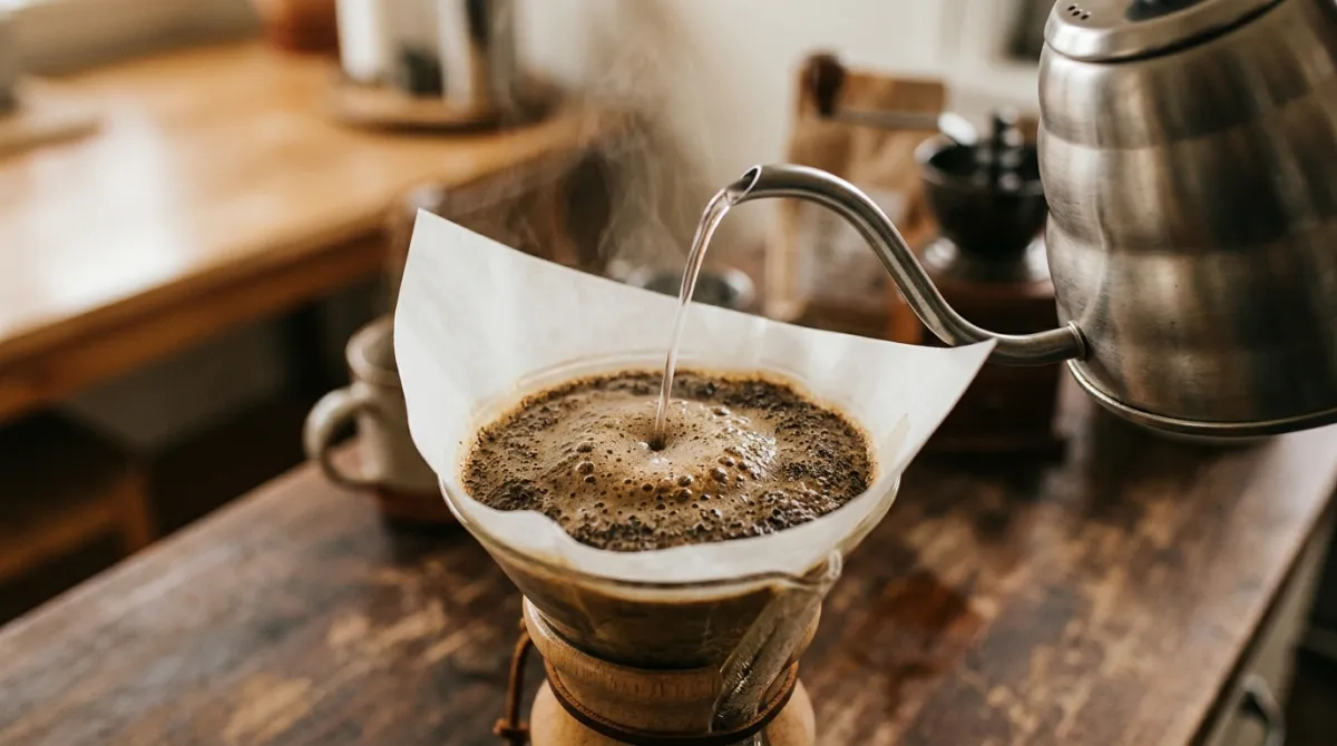 Pouring the bloom over coffee grounds in a Chemex