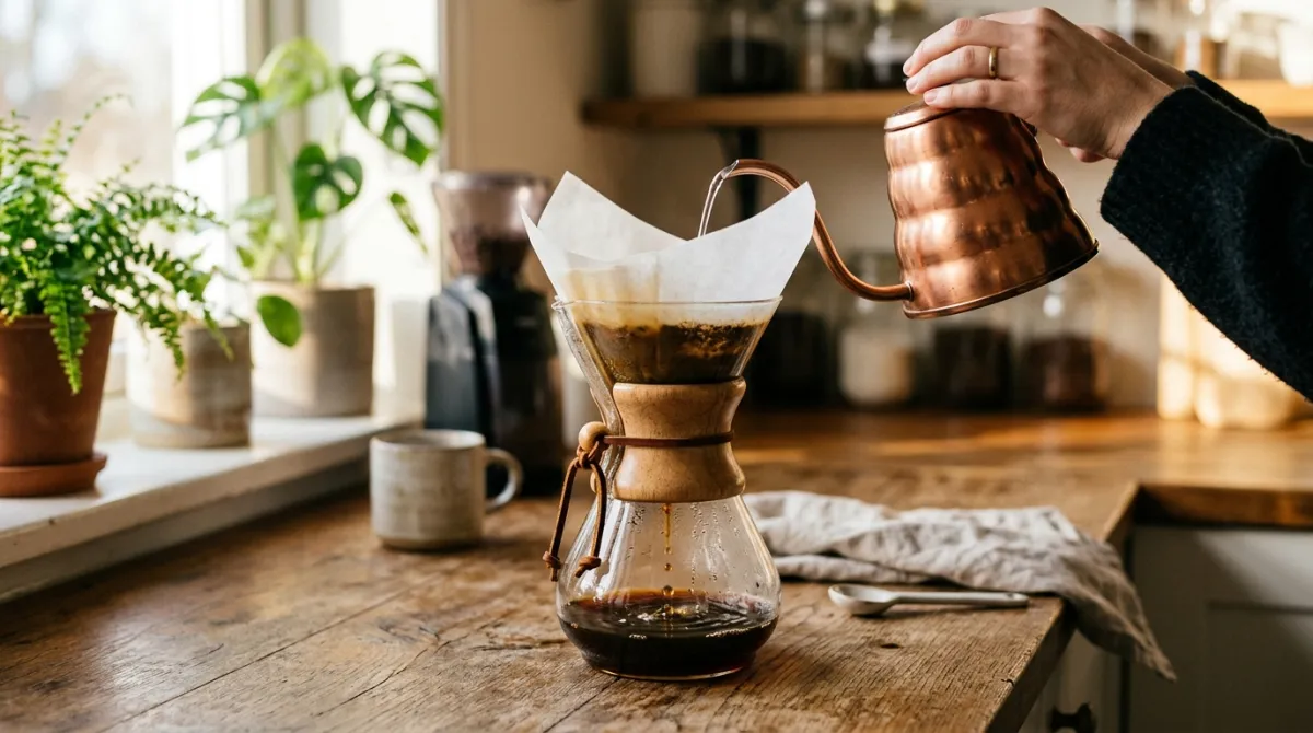 A Chemex brewer on a wooden counter with coffee dripping through a thick paper filter