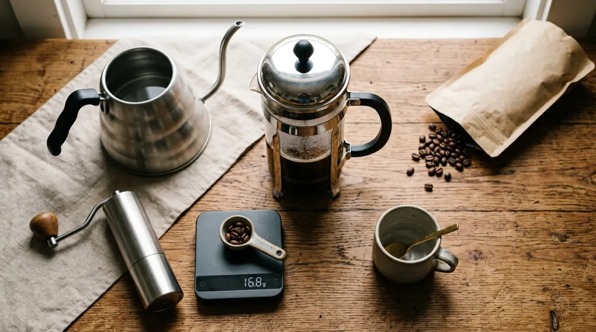 Flat lay of French press, grinder, scale, kettle and coffee beans