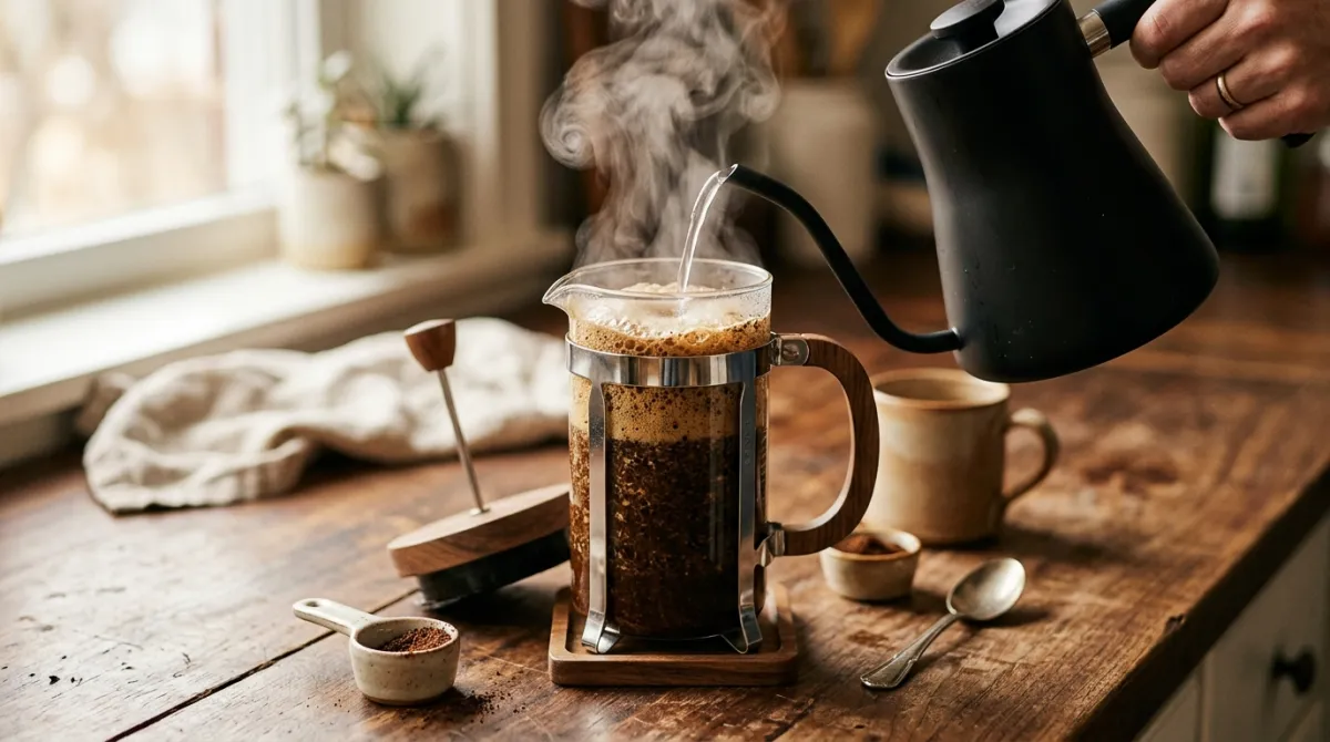 Hot water being poured over coffee grounds blooming in a French press