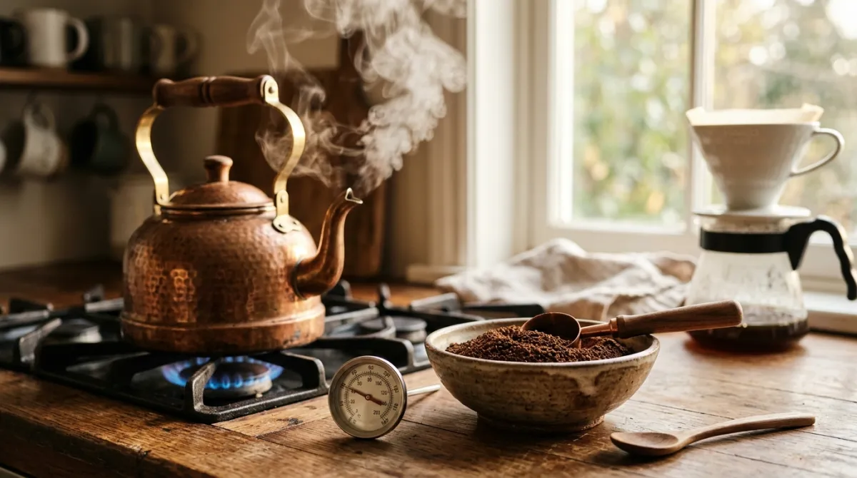 Coarse French press grounds beside a kettle and thermometer