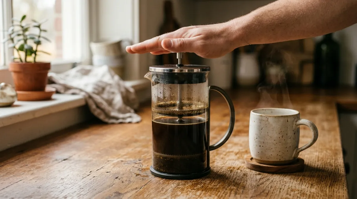 A French press being pressed on a kitchen counter beside a mug of coffee