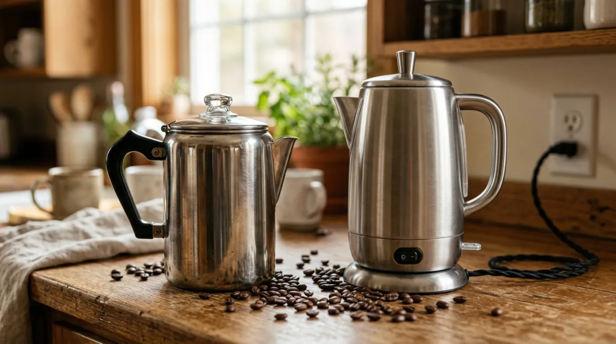 A stovetop percolator and an electric percolator side by side