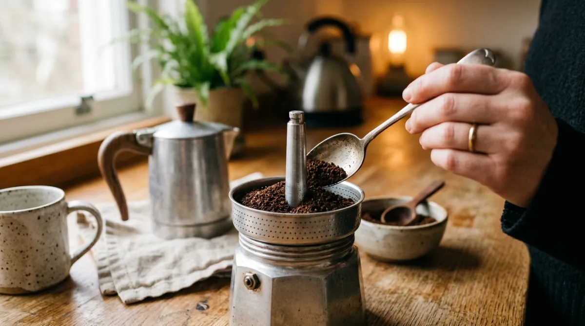 Coarse coffee grounds being spooned into a percolator basket