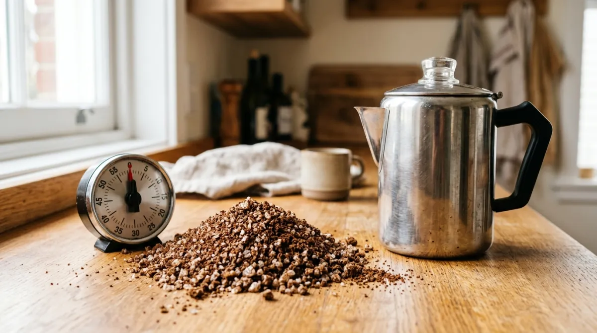 Coarse percolator grounds beside a timer and the pot