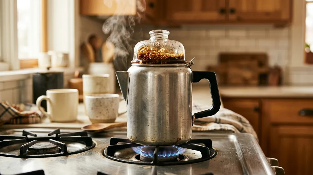 A stovetop percolator brewing coffee on a stove with a glass knob on top