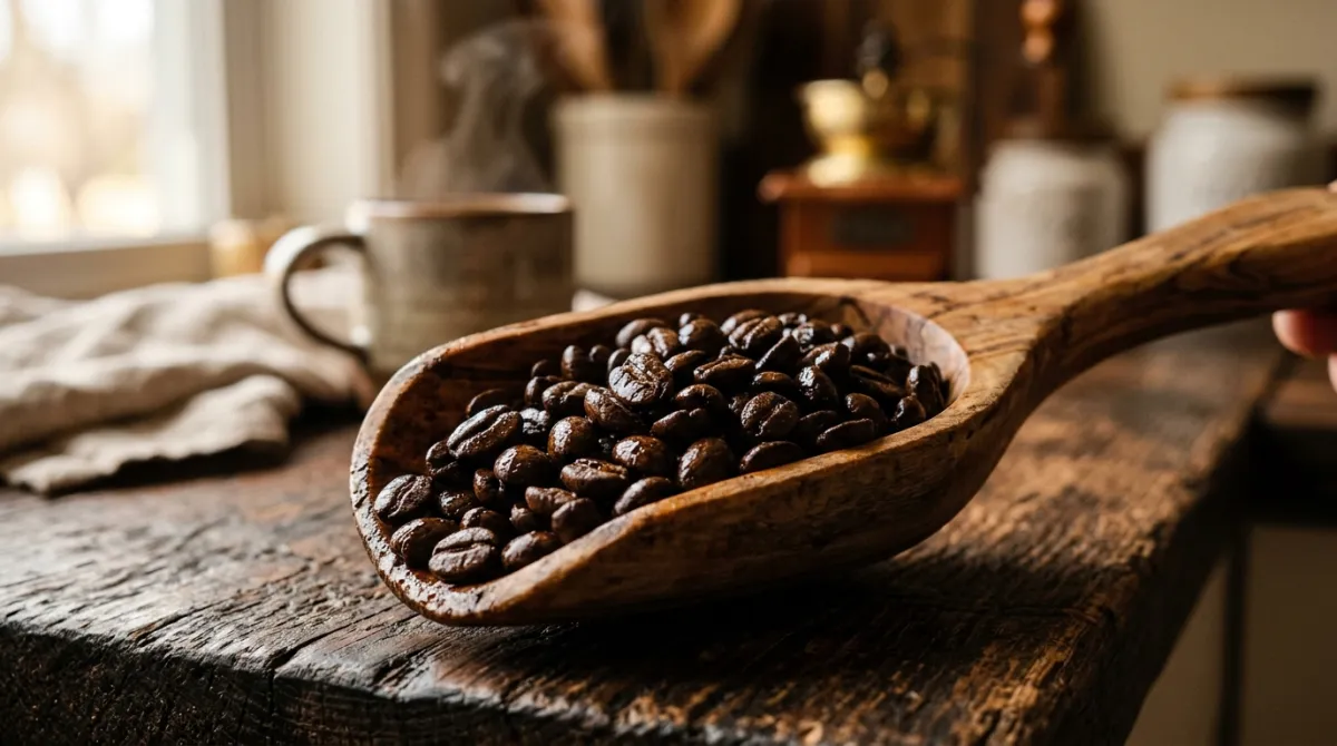 Dark roast coffee beans with a shiny oily surface