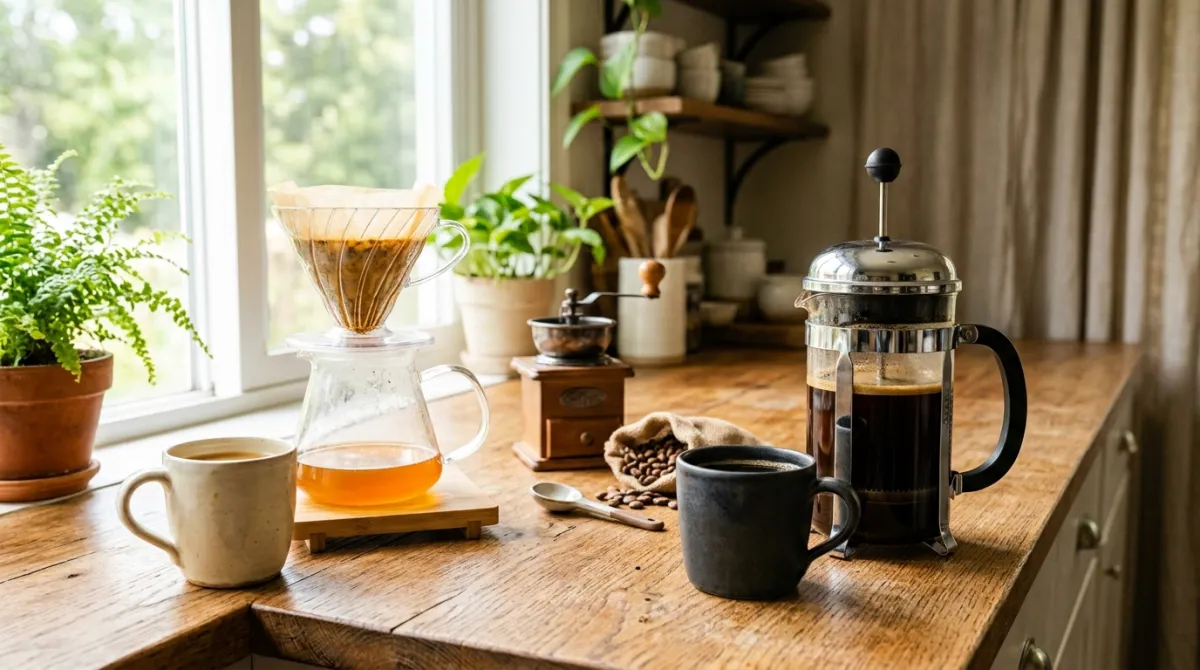 A light roast pour over and a dark roast French press side by side