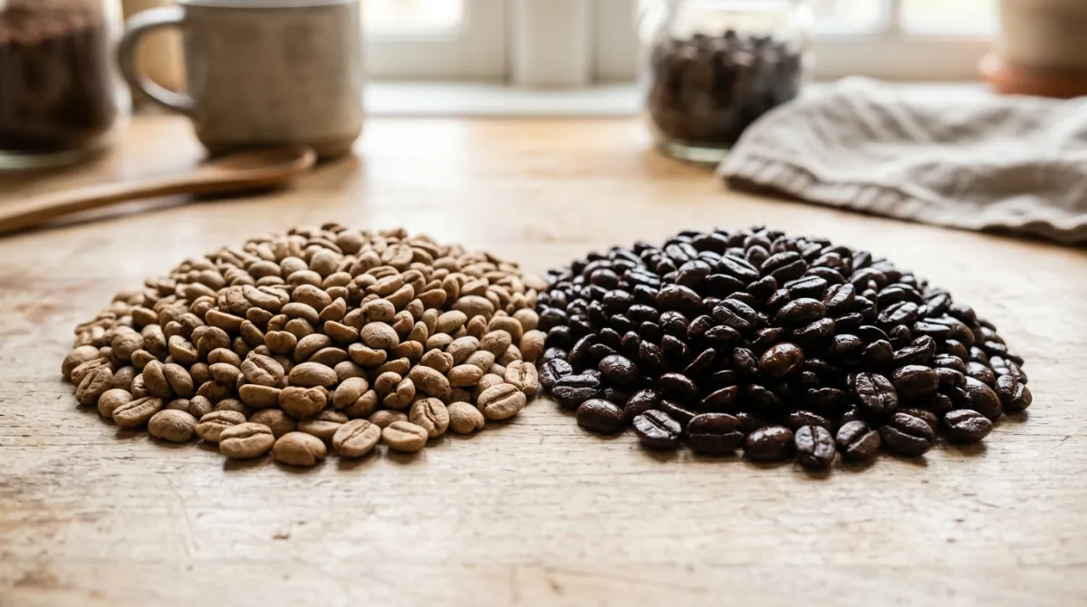 Light roast and dark roast coffee beans side by side showing color and oil