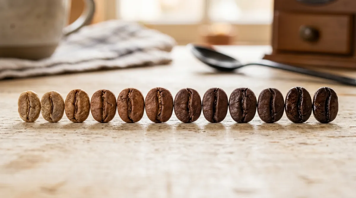Coffee beans at different roast color stages