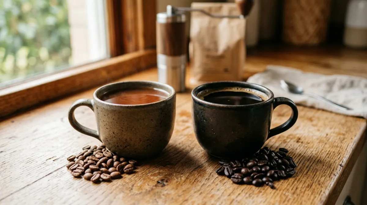 A medium roast brew beside a dark roast brew in two mugs