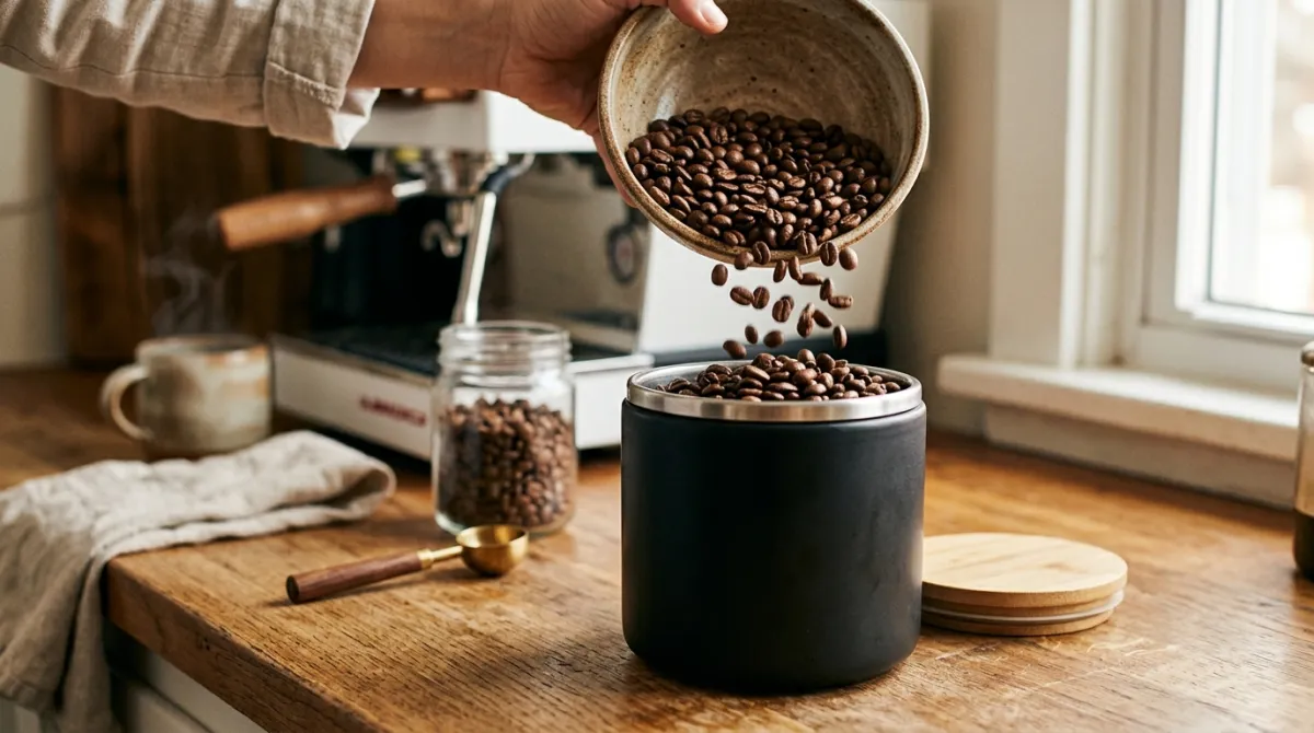 Roasted coffee beans in an airtight canister