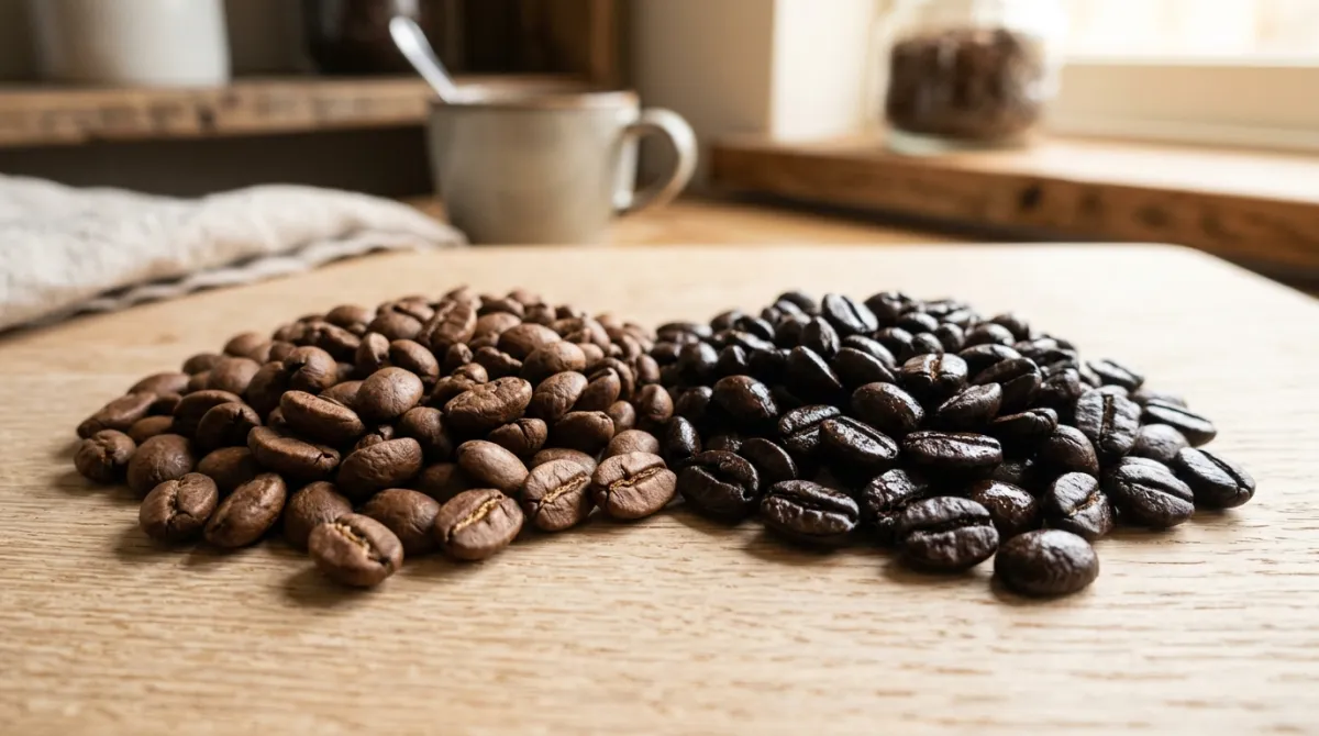 Two bowls of coffee beans side by side, one medium brown and dry, the other dark brown and glossy with oil.