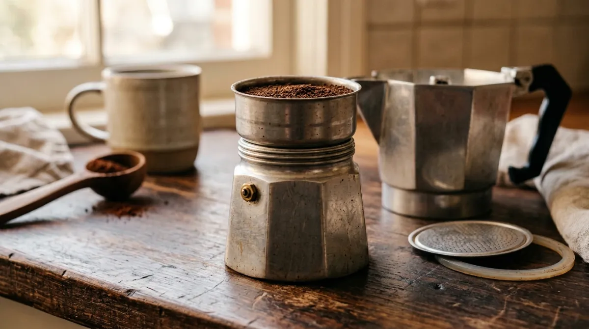 A moka pot funnel basket filled level with ground coffee
