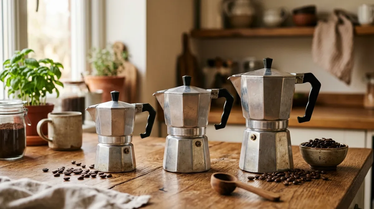 Three moka pots of different sizes lined up together