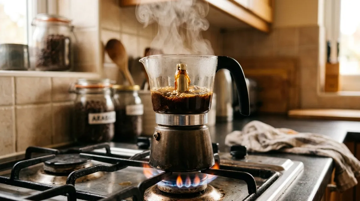 A moka pot on the stove with coffee flowing into the top chamber
