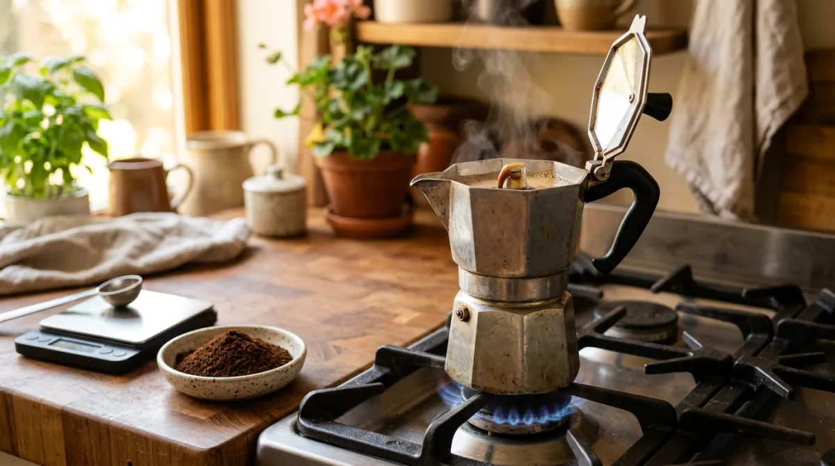 A stovetop moka pot brewing coffee next to ground coffee and a scale