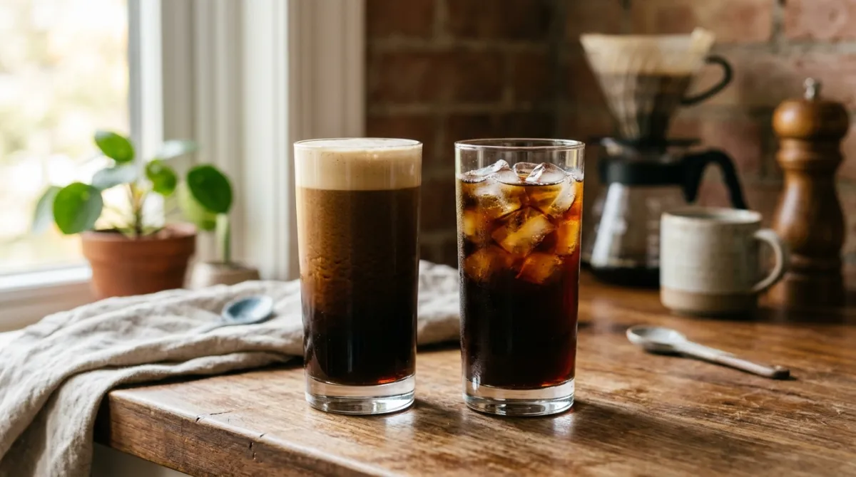 Nitro cold brew with a creamy head beside a plain cold brew over ice