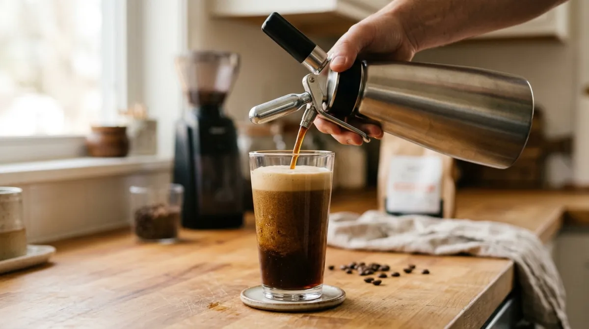 A whipped cream dispenser used to make nitro cold brew at home