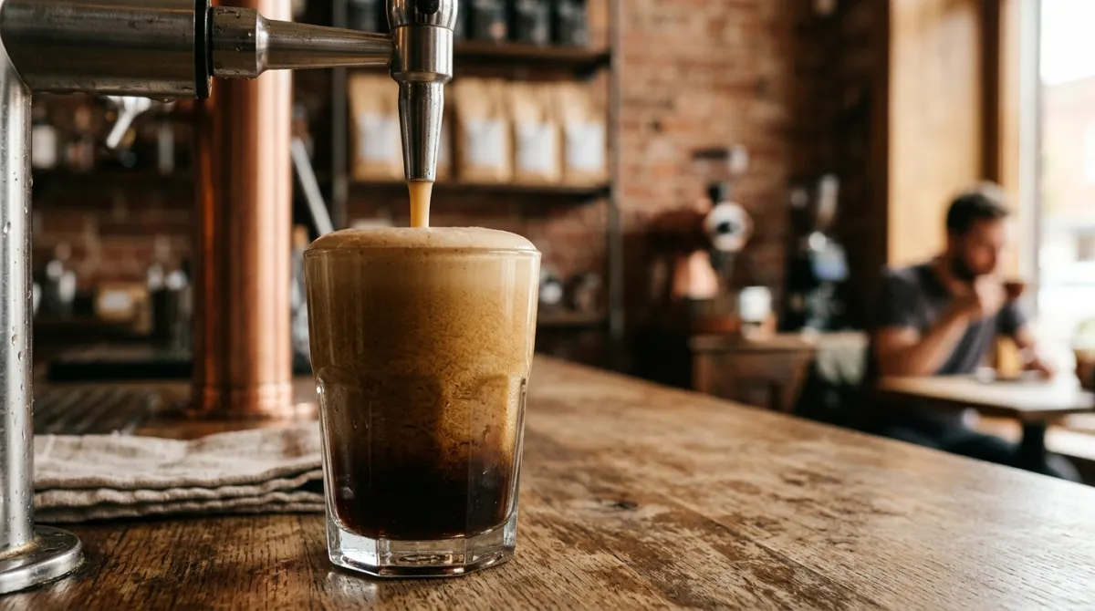 Nitro cold brew being poured from a tap into a glass with a foamy head
