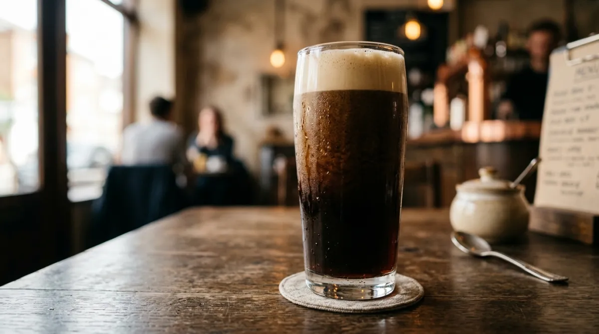 A tall glass of nitro cold brew coffee with a cascading tan foam settling into a dark body on a wooden counter.