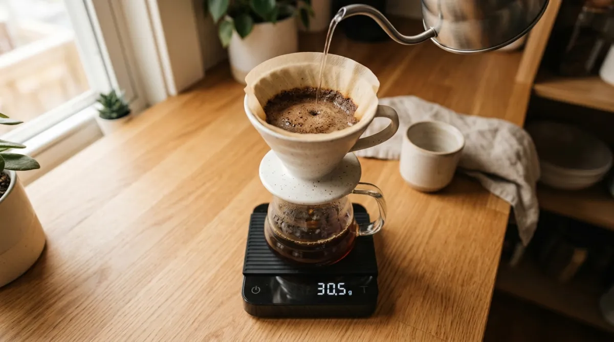 A pour over dripper on a digital scale showing grams of water