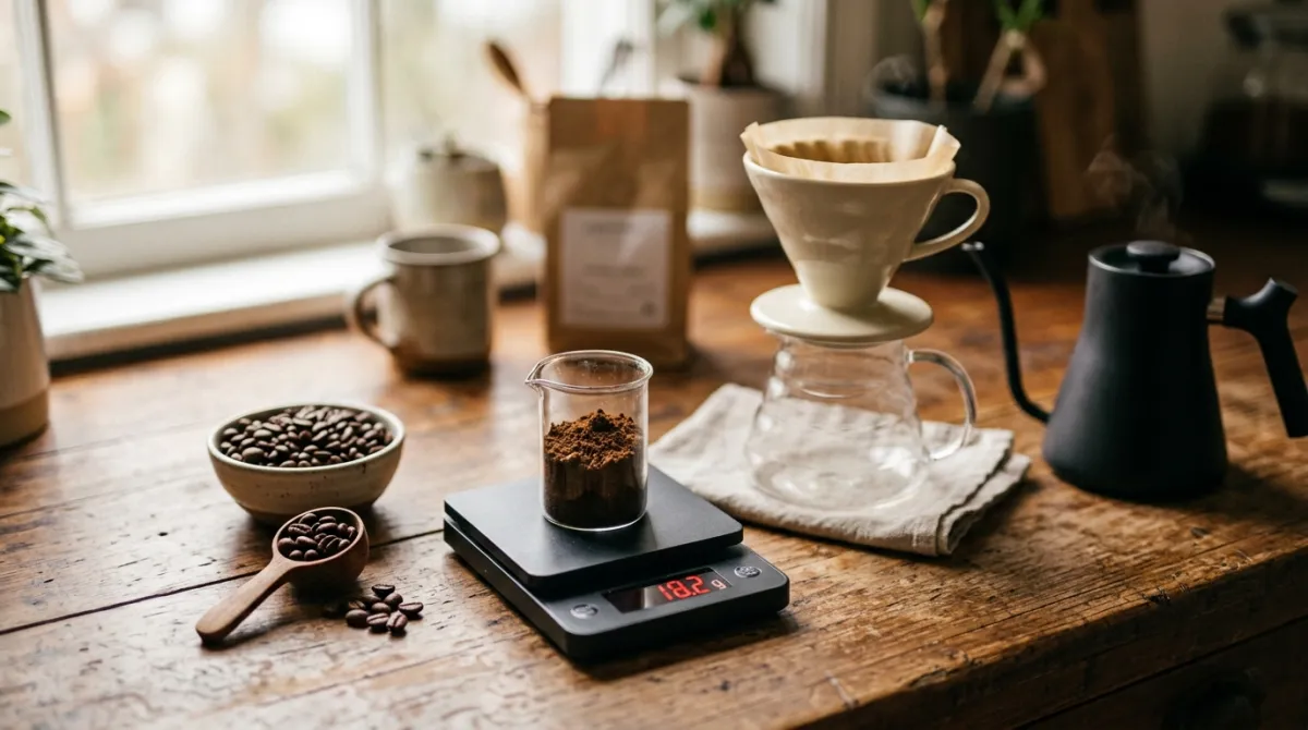 Weighing ground coffee on a small scale before brewing
