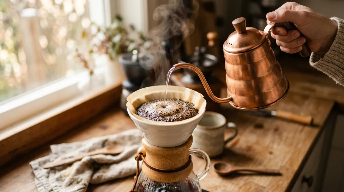 A gooseneck kettle pouring in slow circles over a blooming coffee bed