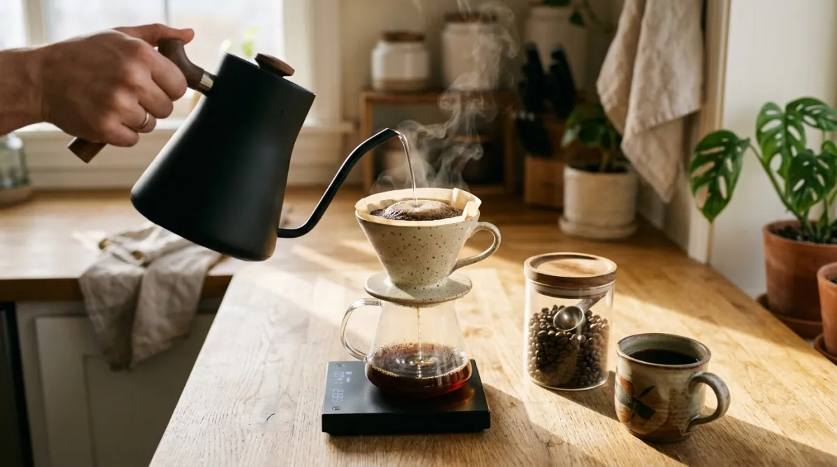 Water being poured over coffee grounds in a pour over dripper on a scale