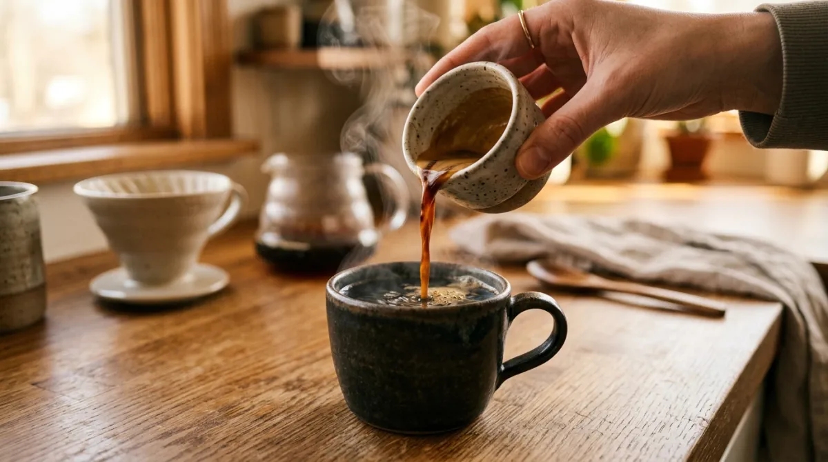 Pouring a shot of espresso into a mug of brewed drip coffee