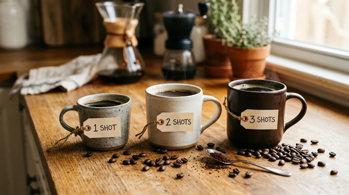 Three mugs of coffee with one, two and three espresso shots