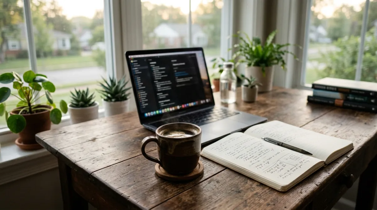 A red eye coffee on a desk beside a laptop in early morning light