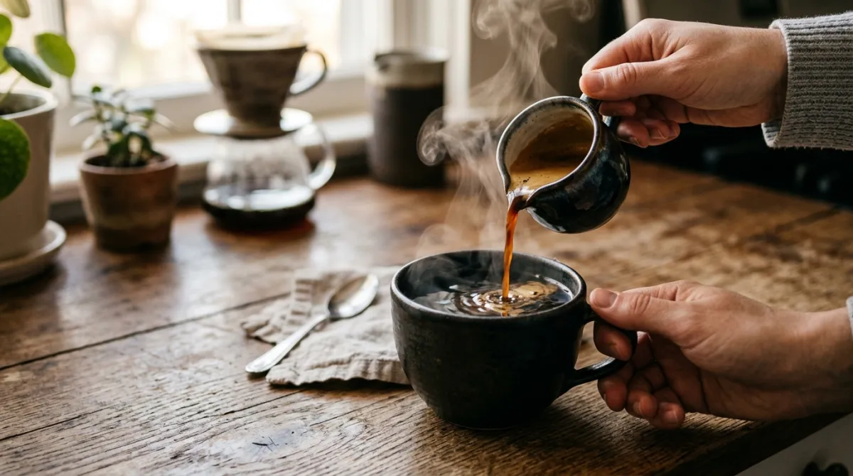 A clear glass mug of dark red eye coffee with espresso crema swirling on top, sitting on a wooden kitchen counter.