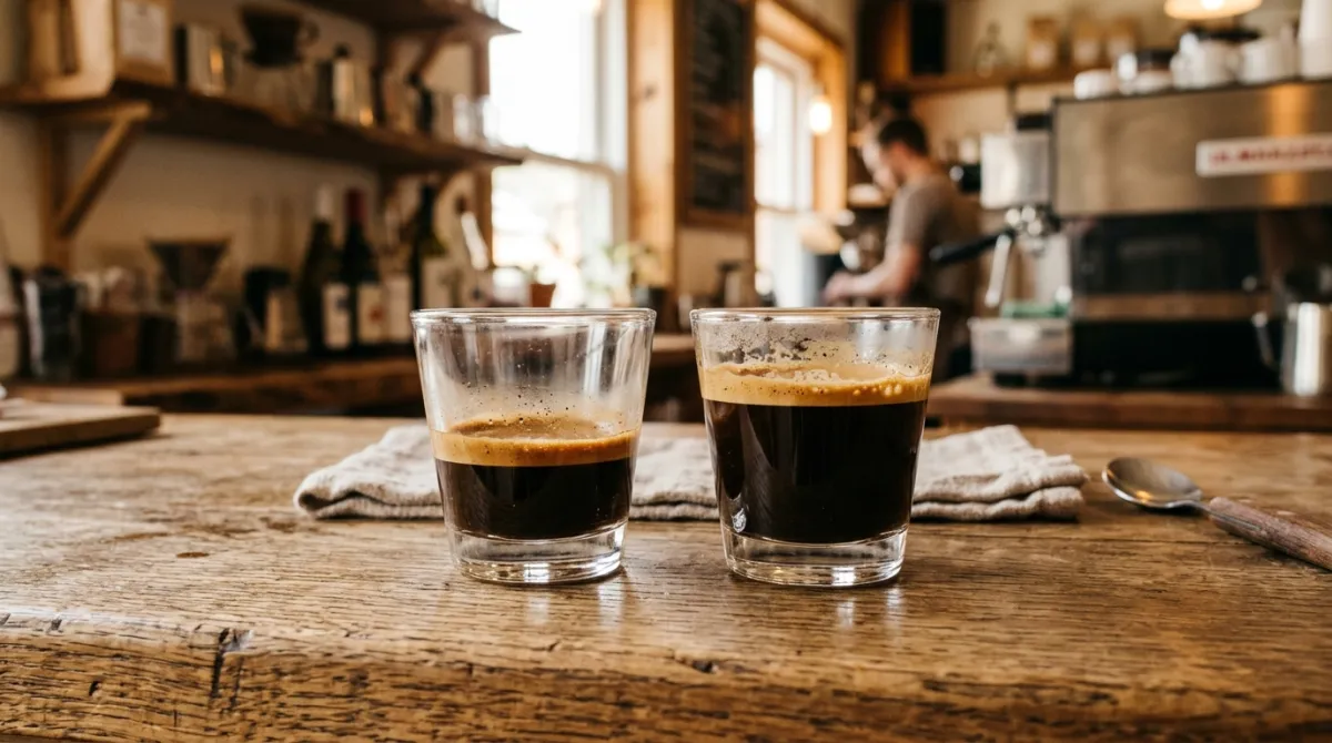 A short ristretto and a longer espresso side by side showing different yields