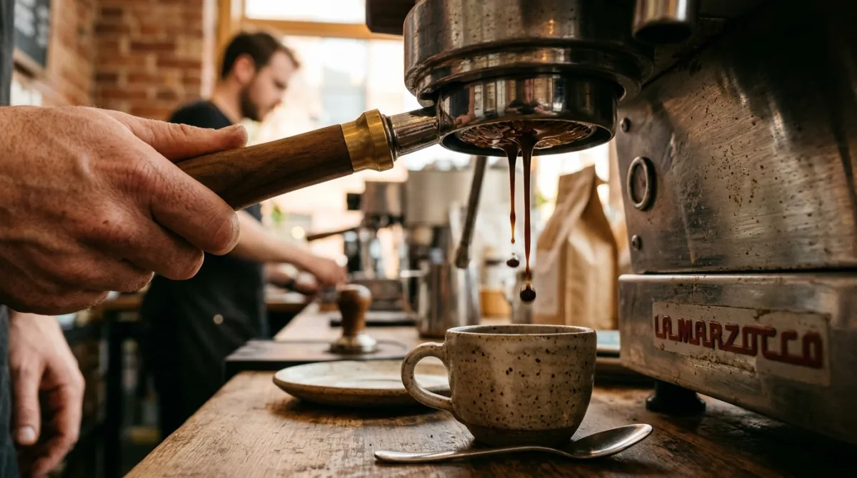 Pulling a short ristretto shot from a portafilter