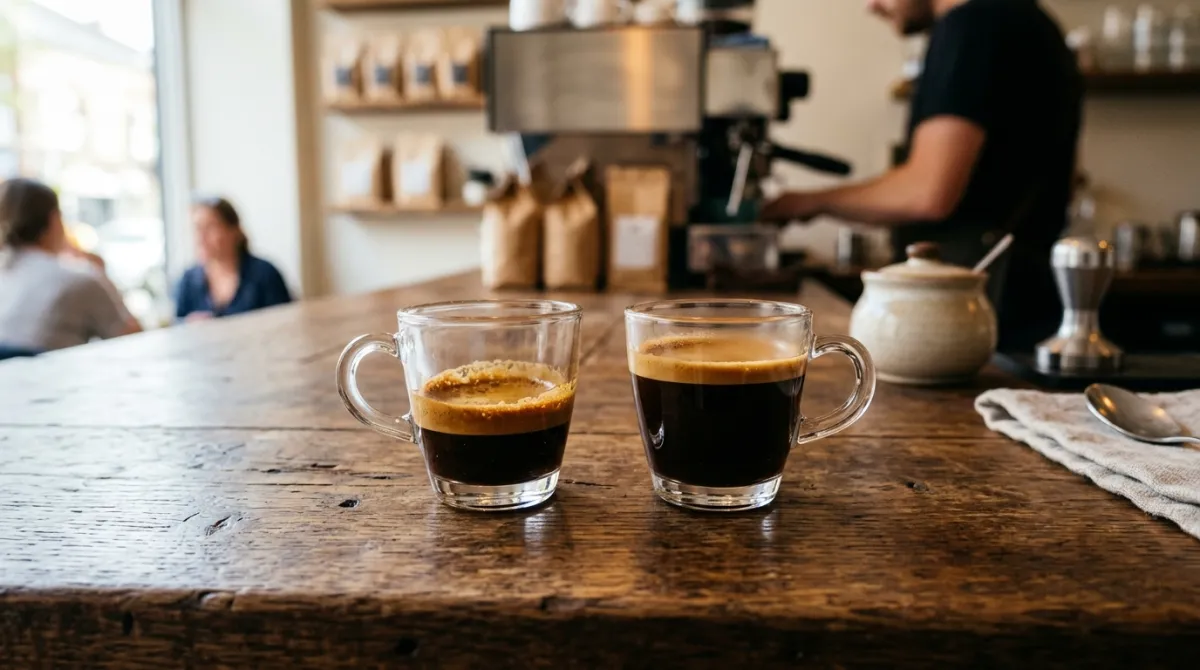 Two small glasses side by side showing a short ristretto and a longer espresso shot
