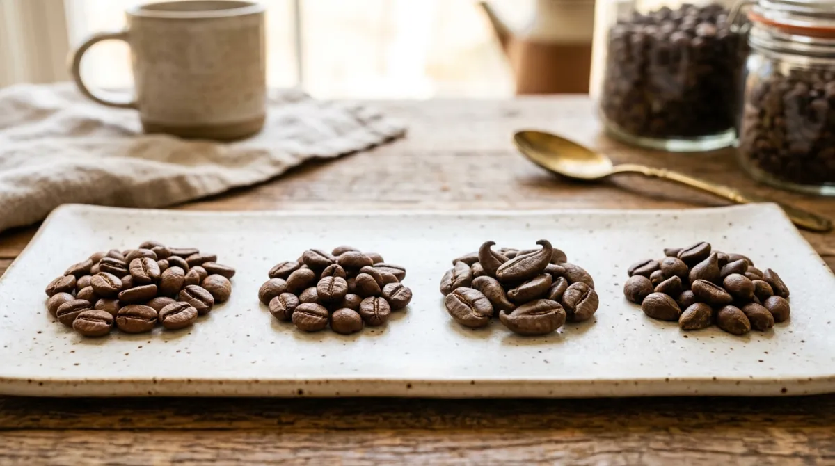 Four small bowls of green and roasted coffee beans arranged on a wooden kitchen counter