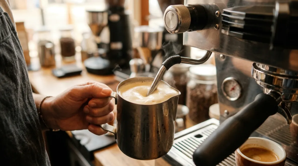 Steaming half-and-half into thick creamy foam for a breve