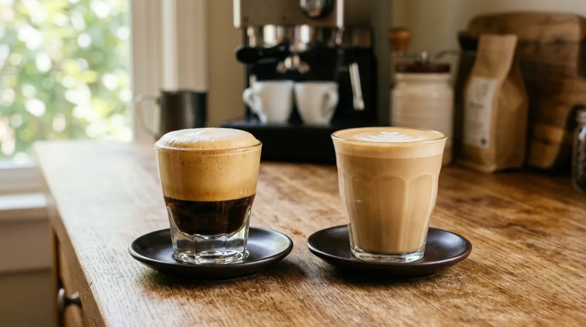 A rich breve beside a lighter latte for comparison