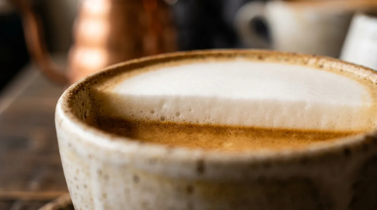 Close-up of a decadent breve with thick velvety foam