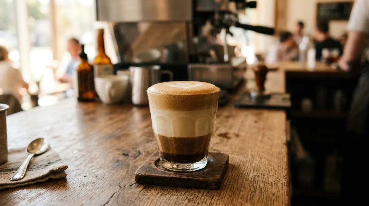 A glass mug of caffè breve with a thick layer of creamy microfoam on a wooden café counter.