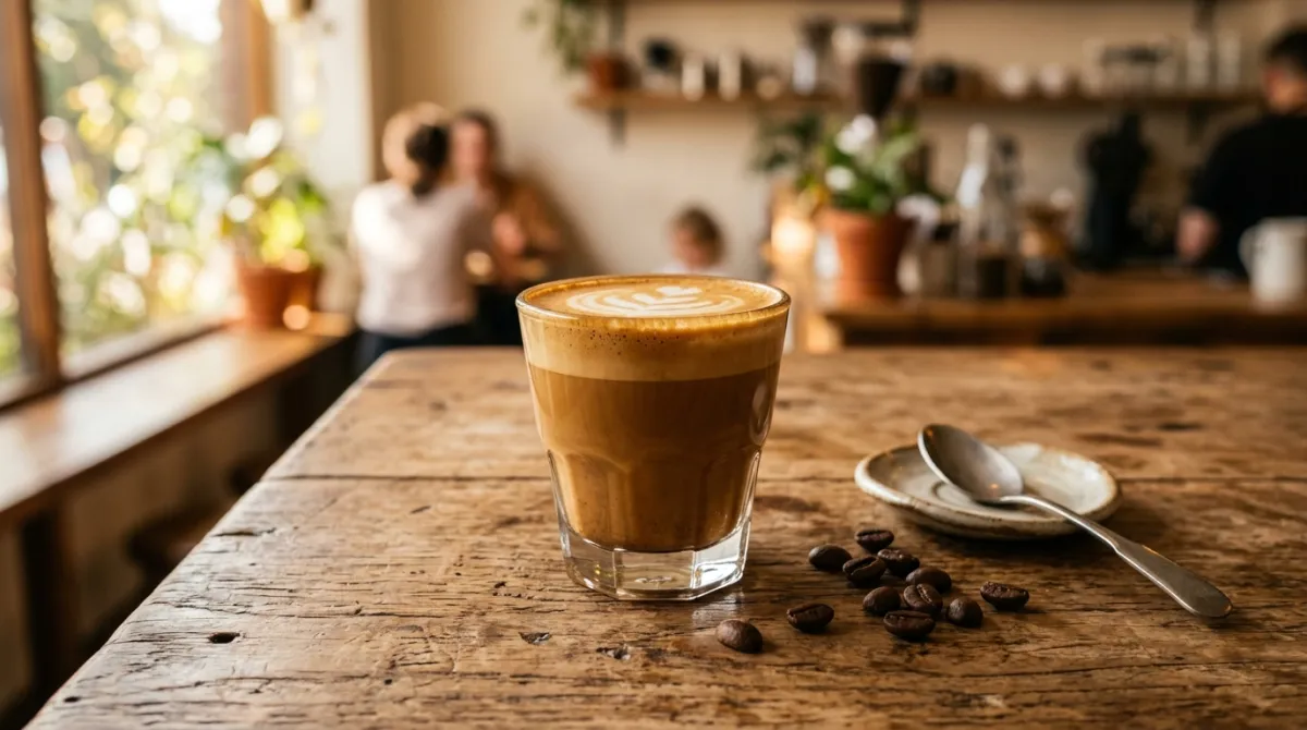 A cortado in a small glass beside a few coffee beans