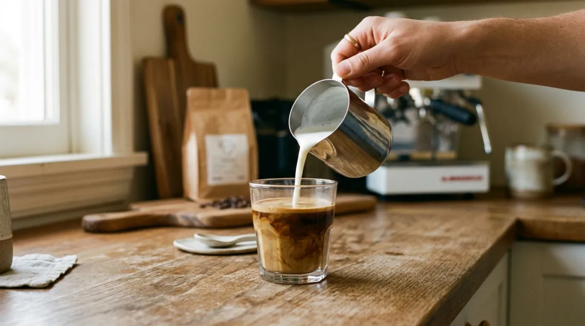 Steamed milk being poured into a shot of espresso in a small glass