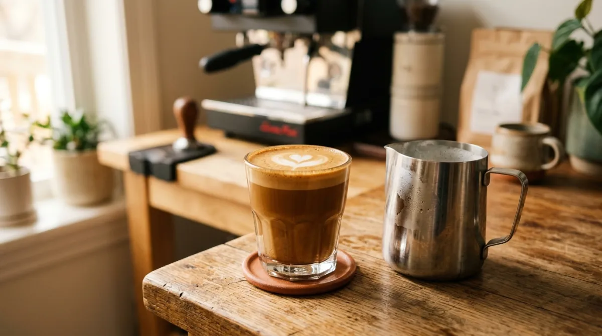 A cortado glass beside a double espresso and a milk pitcher