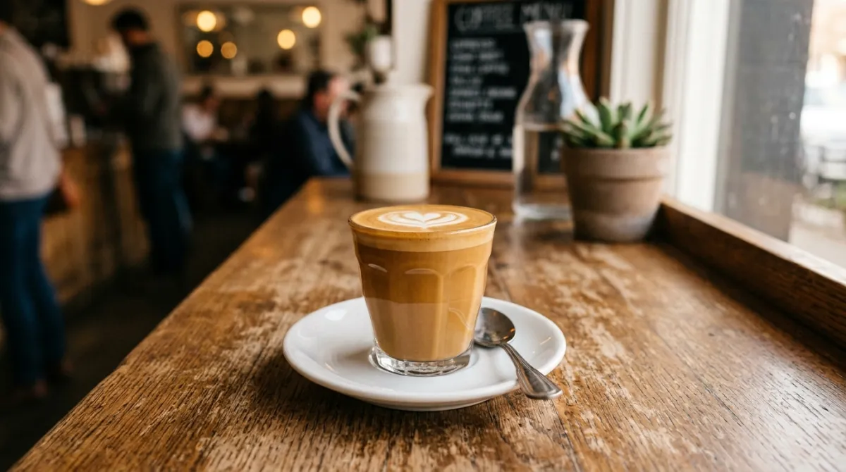 A cortado in a small Gibraltar glass on a cafe counter