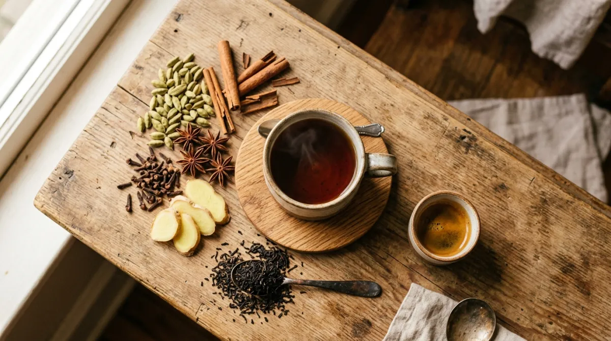 Chai spices and a shot of espresso beside a cup