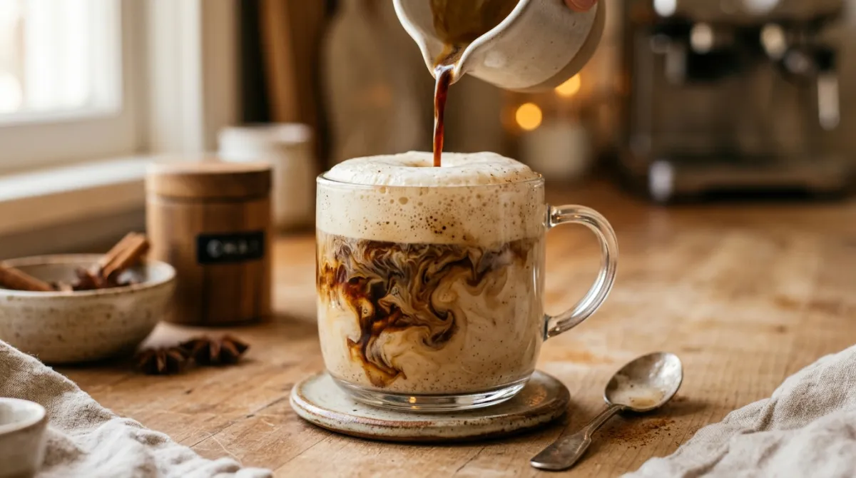 Pouring a shot of espresso into a spiced chai latte
