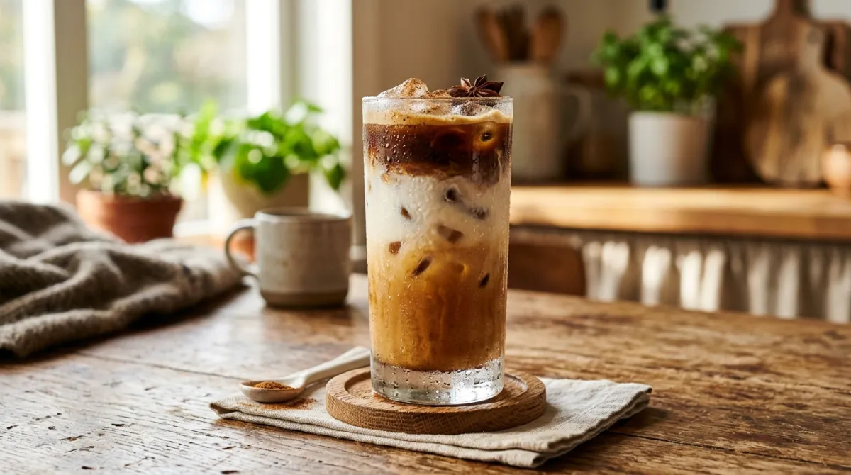 An iced dirty chai latte in a tall glass