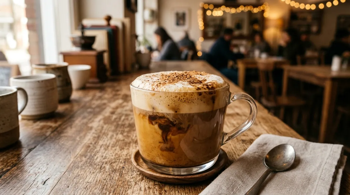 A glass mug of dirty chai latte with cinnamon dusted milk foam beside a shot of espresso on a wooden counter.
