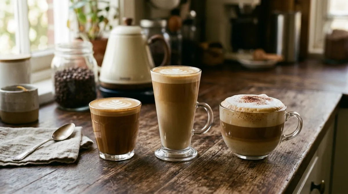A flat white, a latte and a cappuccino side by side showing different milk and foam levels